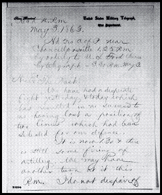 Hooker's Telegram Reporting the battle at Chancellorsville