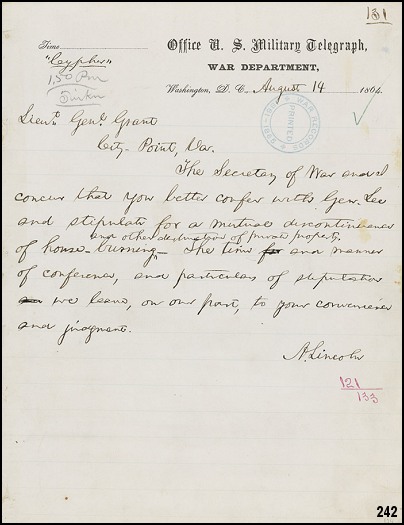 Lincoln's message to Grant 8/14/1864