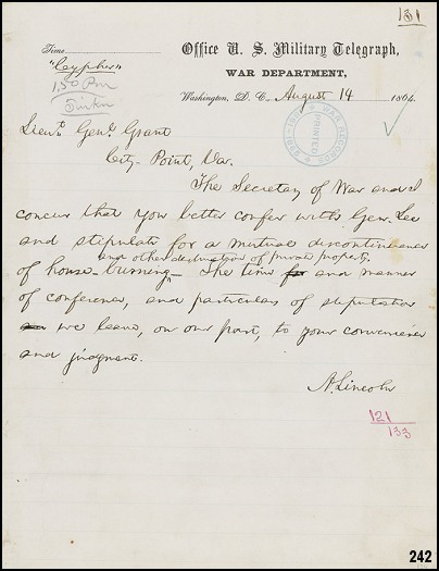 Lincoln's message to Grant 8/14/1864